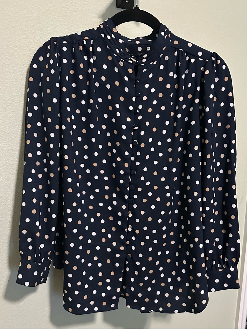 Ann Taylor Navy Blouse with Cream & White Polka Dots